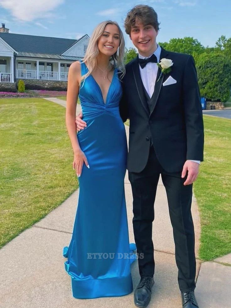Mermaid Deep V Blue Satin formal dresses Bridesmaid Dresses evening gown Prom Dress